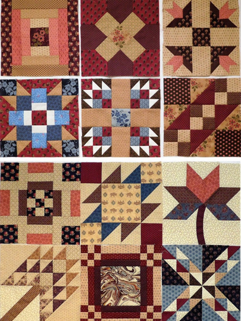 May include: Nine different quilt blocks with a variety of patterns and colors, including red, brown, blue, and beige. The blocks are made of fabric squares sewn together to create geometric designs.