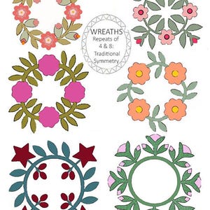 Könnte beinhalten: Eine Sammlung farbenfroher floraler Kranzdesigns. Die Kränze zeigen verschiedene Blumen- und Blätteranordnungen in Rosa-, Orange- und Rottönen mit grünen und blau-grünen Blättern. Der Text in der Mitte lautet "WREATHS Repeats of 4 & 8: Traditional Symmetry".