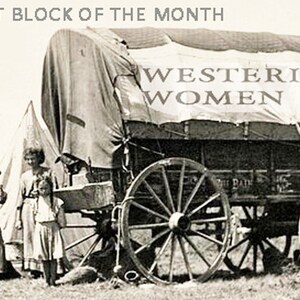 May include: Black and white photograph of a covered wagon with the text "WESTERNING WOMEN" on the side.  Four women and a young girl stand in front of the wagon.  The women are wearing long dresses and the girl is wearing a shorter dress.  The wagon is pulled by horses and has a canvas top.