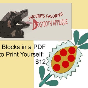 May include: A digital download of 9 quilt blocks in a PDF format for $12. The blocks feature a dogtooth applique design. The image also shows a stylized flower with red and yellow accents.