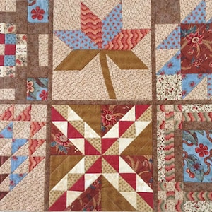 May include: A quilt block with a variety of patterns and colors, including red, blue, brown, and white. The quilt block is made up of smaller squares and triangles, and the patterns are arranged in a geometric design.
