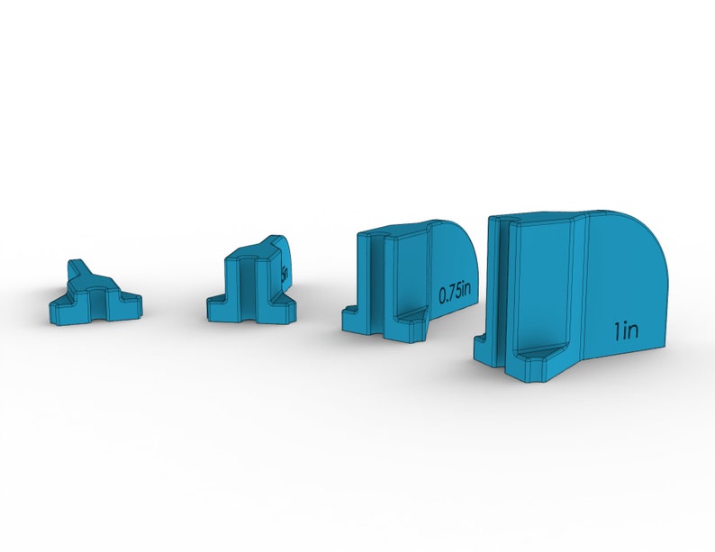 May include: Four blue plastic corner braces in different sizes. The largest brace is 1 inch wide, the next is 0.75 inches wide, and the two smallest braces are 0.5 inches wide.