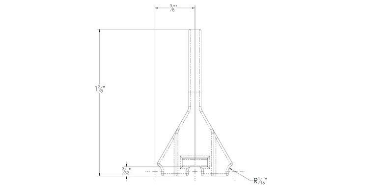 May include: Line drawing of a plastic post with a 1 3/8" height, 3/8" width, and 3/32" depth. The post has a rounded top and a triangular base.