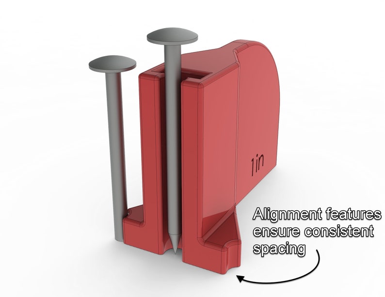 May include: Red plastic jig with two metal pins. The jig has a 1-inch measurement marked on it. Alignment features ensure consistent spacing.