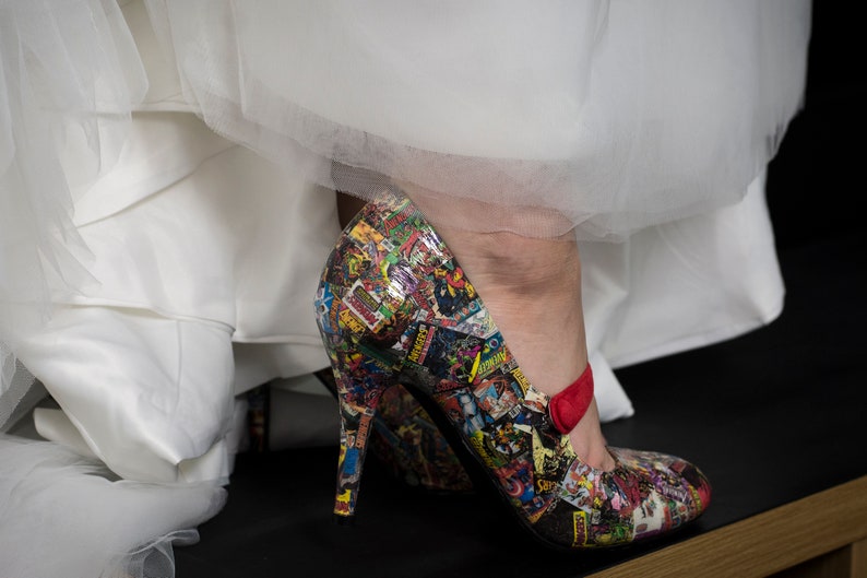 Custom Comic Book Wedding Shoes with Low Heel and Strap for Alternative Wedding / Geek Wedding / Geek Shoes image 9