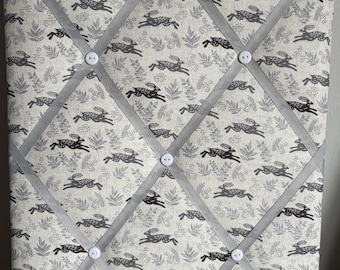 Handmade fabric notice board in Makower hare fabric