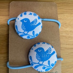 Handmade button hair ties hall blue bird fabric