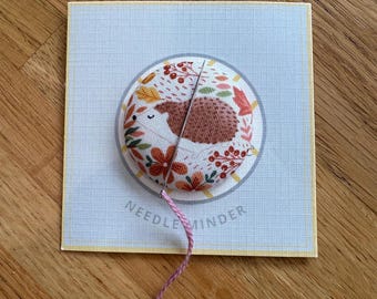 Handmade fabric button magnetic needle minder in a Makower Fabric - Hedgehog