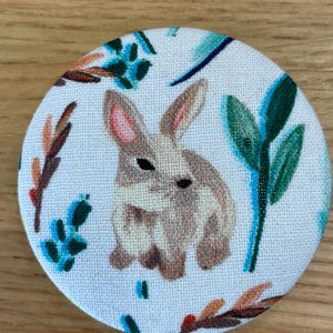 Handmade fabric button magnetic pin cushion/needle holder in a woodland fabric - Rabbit