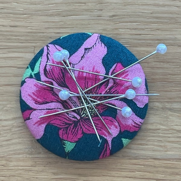 Handmade fabric button magnetic pin cushion/needle holder in a Jewel Tones Fabric