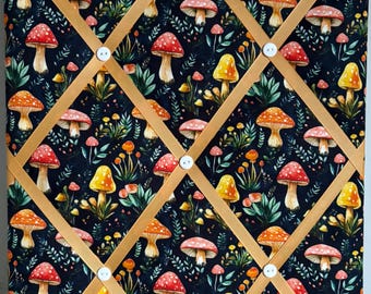 Handmade fabric notice board in toadstool fabric