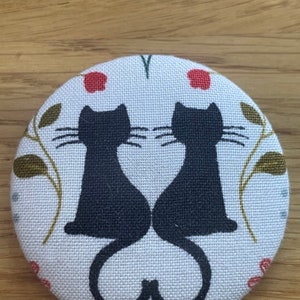 Handmade fabric button magnetic pin cushion/needle holder in a Cat Fabric