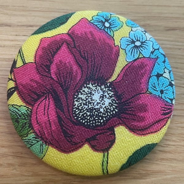 Handmade fabric button magnetic pin cushion/needle holder in a Jewel Tones Fabric