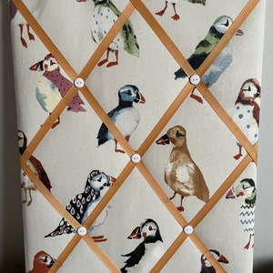 Handmade fabric notice board in a lovely Prestigious puffin fabric