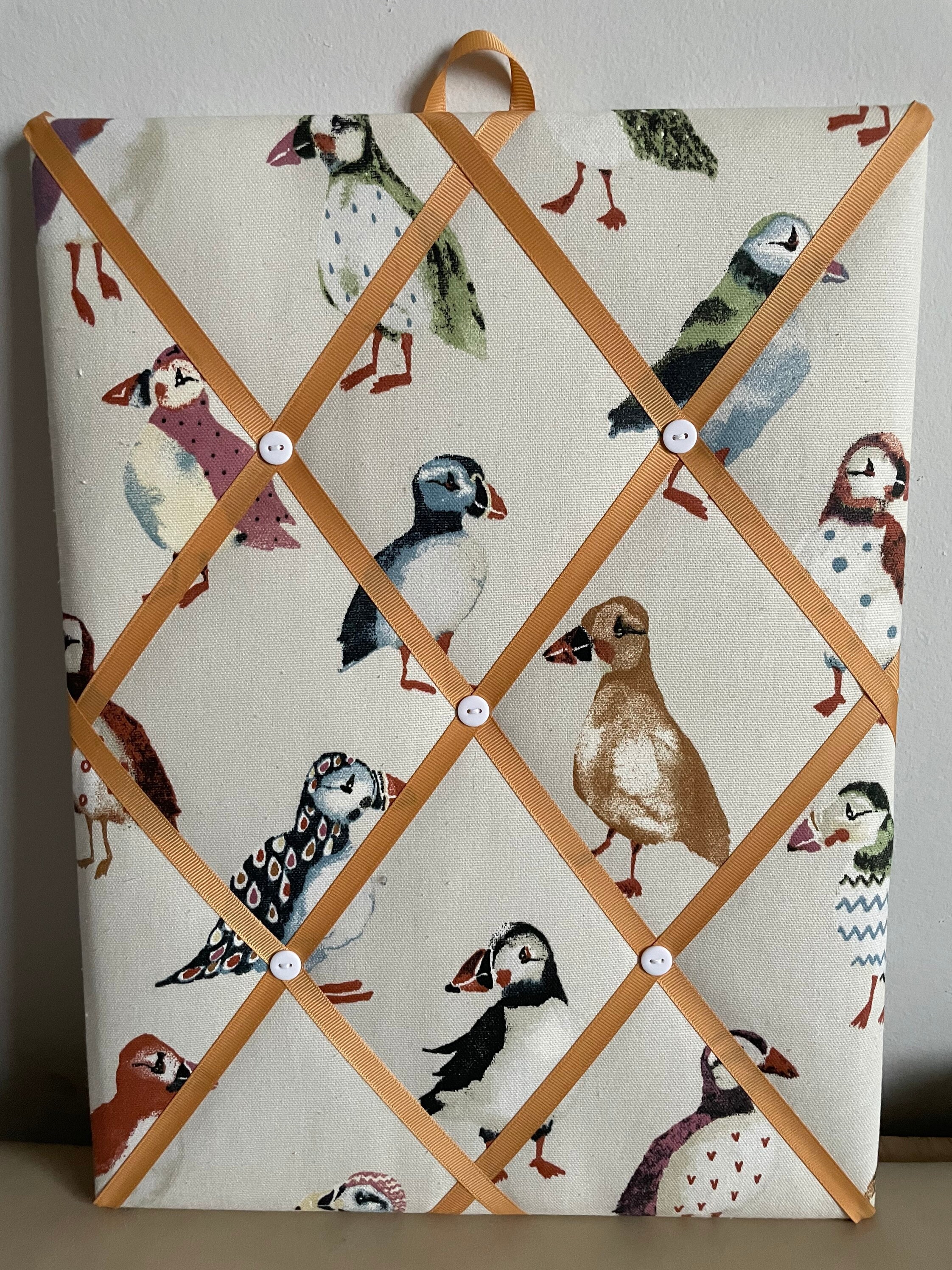Handmade fabric notice board in a lovely Prestigious puffin fabric
