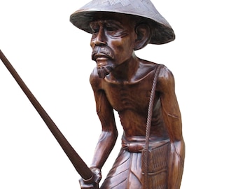 Fisherman Hand Carved Wood Sculpture