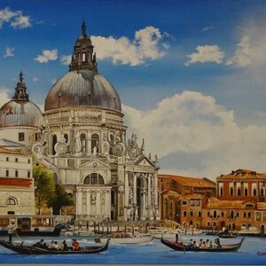 May include: A painting of a large, white, ornate church with a blue sky and white clouds in the background. The church has a tall, pointed dome and several smaller towers. There are boats in the water in front of the church.