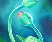 Original Oil Painting "two " Tulip on canvas, blue,green,azure  size: 40cm*50cm 15,75" × 19,69"