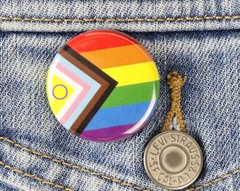 New Progress Pride Flag! Now including Intersex - Button or Strong Ceramic Magnets - LGBTQ Pride, Queer Rights Button, Trans Rights Button