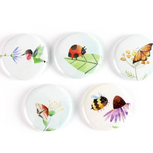Puede incluir: Conjunto de cinco botones de 2,5 cm de diámetro con ilustraciones de acuarela de varios insectos y flores. Los diseños incluyen un colibrí, una mariquita, una mariposa, una abeja y una flor.