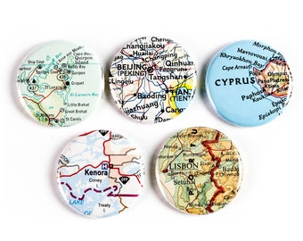 Custom Map Button & Magnet Sets - Gifts for Travellers - Upcycled Maps Made Custom for you!  Choose your places!