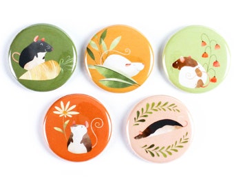 Rat Buttons - Rat Magnets - Rat Lovers - Gifts for Rat Owners - Pet Rats - Rats and Flowers