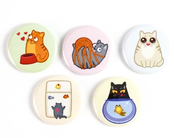 Cat Buttons, Cat Magnets - Cat Antics Strong Ceramic Magnets or Buttons - Cat Party Favours, Gifts for Cat Lovers, Cat Parents