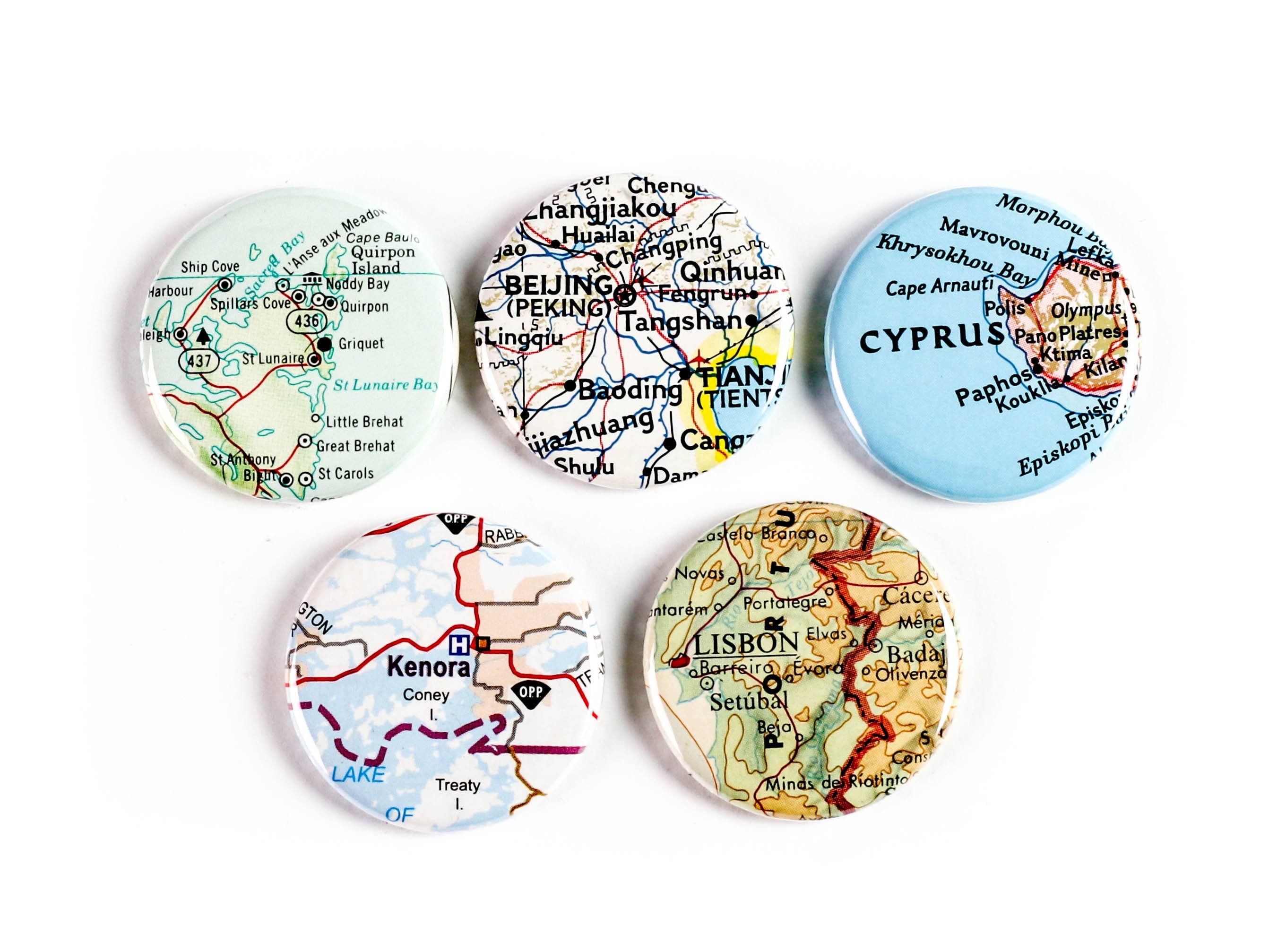 Custom Map Button & Magnet Sets - Gifts for Travellers - Upcycled Maps ...