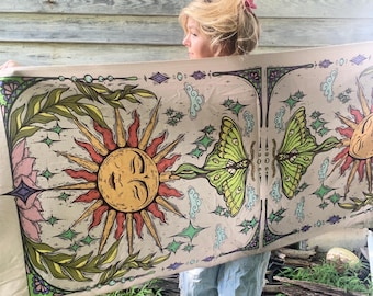 Pashmina / Sun And Luna Moth Pashmina / Original Art By Melanie Bodnar / Festival Pashmina / Art From The Meadow / Enlighten Clothing Co