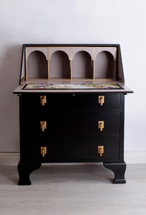 Hand Painted Antique Vintage Writing Desk Bureau In Black Grey With Timorous Beasties Linen Fabric Gold Silk Key Tassel