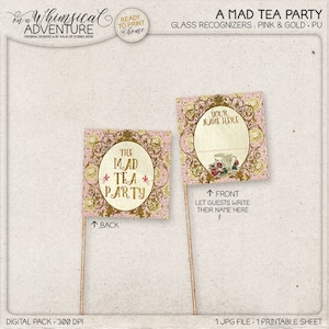 Pink and Gold Printable Party Straw Flags, Wonderland Tea Party, Digital Download, Printable Collage Sheet, Alice Party Decor, Mad Tea Party