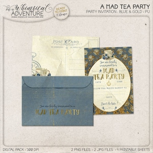 Alice In Wonderland Tea Party Invitation, Mad Tea Party Ideas, Printable Envelope, White Rabbit, Blue And Gold Baby Shower, Instant Download