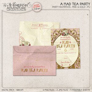 Alice In Wonderland tea party invitation, party printables, printable collage sheet, tea party, vintage mad tea party digital download image 1