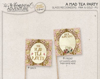 Pink and Gold Printable Party Straw Flags, Wonderland Tea Party, Digital Download, Printable Collage Sheet, Alice Party Decor, Mad Tea Party
