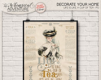 Kitchen Decor, Digital Download, Printable Wall Art, Victorian Style, Home Decor, Tea, Cakes, Recipes, Motivational Quote, Vintage Lady