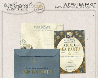 Alice In Wonderland Tea Party Invitation, Mad Tea Party Ideas, Printable Envelope, White Rabbit, Blue And Gold Baby Shower, Instant Download