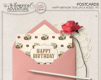 Postcard, For Him, For Her, Happy Birthday, Greeting Card, Instant Download, Printable Collage Sheet, Birthday, Teacup, Roses, Vintage Style