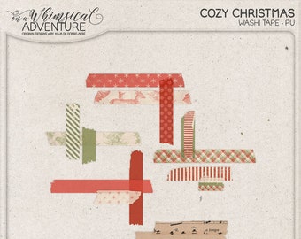 Shabby Christmas, Washi Tape Set, For The Holidays, Digital Scrapbook Elements, Red and Green, Instant Download, Deer, Stripes, Snowflakes