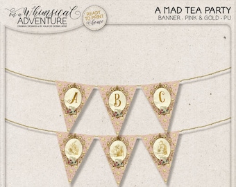 Alice im Wunderland Party Banner zum Ausdrucken, Party Printables, Collagesheet zum Ausdrucken, Teeparty, Vintage Mad Tea-Party digitaler Download