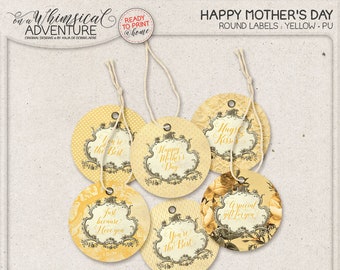 Printable Circular Tags, Gift Idea For Mom, Happy Mother's Day, Hugs And Kisses, Romantic Vintage Roses, Round Labels, Digital Download