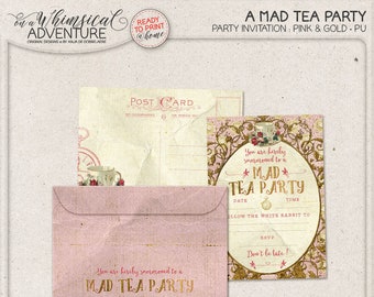 Alice In Wonderland tea party invitation, party printables, printable collage sheet, tea party, vintage mad tea party digital download