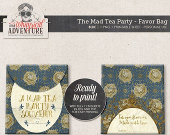 Printable Party Favor Bag, Alice In Wonderland, Mad Tea Party Decorations, Blue and Gold DIY Treat Bag, Mad Hatter, Instant Download