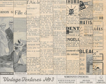 Pack d'éphémères Français vintage, papier numérique grunge, journal ancien, usage commercial OK, téléchargement immédiat, textures usées, album numérique