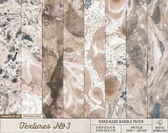 May include: A printable pack of 8 hand-made marble paper textures in brown, beige, and white. The pack includes 8 sheets of 12 x 12 inches and 8 sheets of 8.5 x 11 inches.  The digital download includes JPG files at 300 DPI.