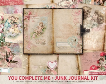 Valentine Junk Journal Kit, Digital Download, Gift For Her, Cherubs And Roses, Digital Valentine Ephemera, Printable Card