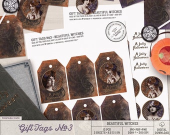 Jolly Halloween Tags, Beautiful Witches Labels, Vintage Ladies Altered Images, Printable Collage Sheet, Digital Download, Scrapbook Elements