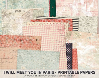 Printable Papers, Vintage Paris Paper, Shabby Chic, Valentine's Day, Junk Journal, Instant Download
