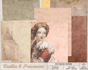 Digital Scrapbook Papers, Prince And Princess, Castle Digital Paper, Vintage Romantic Digital Paper, Letter Size Patterns, Digital Download