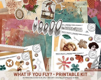 What If I Fall, Printable Scrapbook Kit, What If You Fly, Erin Hanson, Art Journal, Mixed Media Art, Digital Download, Vintage Ephemera