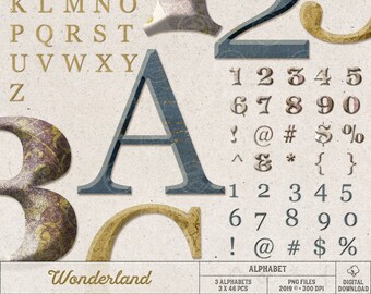 Blue Wonderland Digital Alphabet Clip Art, Chunky Alpha, Instant Download, Gold Letters and Numbers, Digital Scrapbooking Embellishments